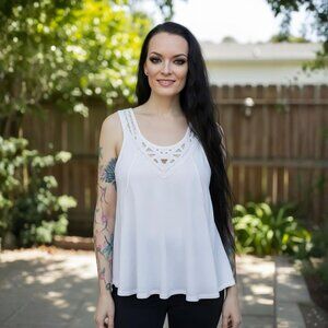 Free People ✦ White Lace Trim Crisscross High-Low Sleeveless Cotton Tank ✦ XS